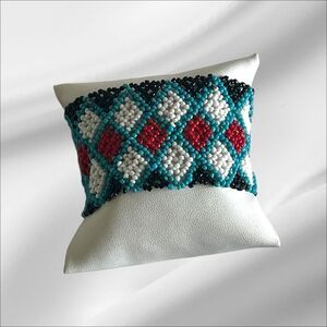Handmade Beaded Bracelet in Red, White, and Teal